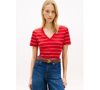 T-Shirt TOMMY HILFIGER "SLIM CODY V-NECK SHORT SLEEVE", Damen, Gr. XS (34), fine stp fireworks, calico, Jersey, Obermaterial: 100% Baumwolle, gestreift, schmal normal, tiefer V-Ausschnitt, abgesteppte