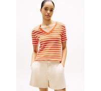 T-Shirt TOMMY HILFIGER "SLIM CODY V-NK SS mit V-Ausschnitt und Streifen", Damen, Gr. XL (42), classic breton orange, ecu, Jersey, Obermaterial: 100% Baumwolle, gestreift, casual, schmal hüftlang, tief