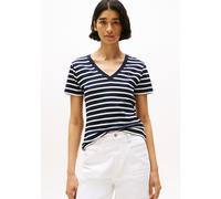 T-Shirt TOMMY HILFIGER "SLIM CODY V-NK SS mit V-Ausschnitt und Streifen", Damen, Gr. XS (34), blau (nos breton desert sky, ecru), Jersey, Obermaterial: 100% Baumwolle, gestreift, slim fit hüftlang, ti