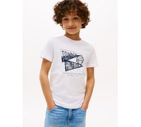 T-Shirt TOMMY HILFIGER "TEXTURED GRAPHIC PRINT TEE SS", Jungen, Gr. 4 (104), weiß, Single Jersey, Obermaterial: 100% Baumwolle, unifarben, regular fit hüftlang, Rundhals, Shirts T-Shirt, für Kinder bi