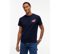 T-Shirt TOMMY JEANS "REGULAR SIGN BACKPRINT TEE", Herren, Gr. S, dunkelblau, Single Jersey, Obermaterial: 100% Baumwolle, unifarben, regular fit normal, Rundhals, eingesetzt abgesteppte Kante, Shirts