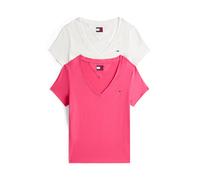 T-Shirt TOMMY JEANS "TJW 2PACK V-NECK TEE", Damen, Gr. L (40), ecru, jewel pink, Jersey, Obermaterial: 100% Baumwolle, gestreift, casual, regular fit hüftlang, V-Ausschnitt, Kurzarm abgesteppt, Shirts
