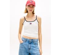 T-Shirt TOMMY JEANS "TJW SLIM BADGE STRAPPY TOP", Damen, Gr. L (40), ecru, Single Jersey, Obermaterial: 95% Baumwolle, 5% Elasthan, unifarben, slim fit hüftlang, Balconnet, Shirts T-Shirt, mit den auf