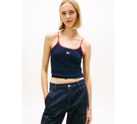 T-Shirt TOMMY JEANS "TJW SLIM BADGE STRAPPY TOP", Damen, Gr. M (38), schwarz night navy, Single Jersey, Obermaterial: 95% Baumwolle, 5% Elasthan, unifarben, slim fit hüftlang, Balconnet, Shirts T-Shir