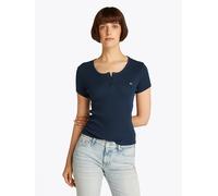 T-Shirt TOMMY JEANS "TJW SLIM BUTTON RIB C-NECK SS", Damen, Gr. XS (34), blau (schwarz night navy), Rippware, Obermaterial: 100% Baumwolle, unifarben, slim fit kurz, Rundhals, abgesteppt, Shirts T-Shi