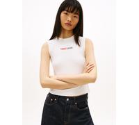T-Shirt TOMMY JEANS "TJW SLIM ESS LOGO 2 RIB TANK", Damen, Gr. S (36), weiß (ecru), Single Jersey, Obermaterial: 95% Baumwolle, 5% Elasthan, unifarben, slim fit hüftlang, Rundhals, Shirts T-Shirt, mit