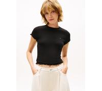 T-Shirt TOMMY JEANS "TJW SLIM LETTUCE EDGE RIB SS", Damen, Gr. L (40), schwarz, Single Jersey, Obermaterial: 95% Baumwolle, 5% Elasthan, unifarben, slim fit, V-Ausschnitt, Shirts T-Shirt, mit gerippte