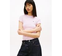 T-Shirt TOMMY JEANS "TJW SLIM LETTUCE EDGE RIB SS", Damen, Gr. XS (34), pearly pink, Single Jersey, Obermaterial: 95% Baumwolle, 5% Elasthan, unifarben, slim fit, V-Ausschnitt, Shirts T-Shirt, mit ger