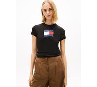 T-Shirt TOMMY JEANS "TJW SLIM WAVY FLAG TEE EXT", Damen, Gr. M (38), schwarz, Single Jersey, Obermaterial: 100% Baumwolle, bedruckt, slim fit hüftlang, Rundhals, abgesteppte Kante, Shirts T-Shirt, mit
