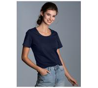 T-Shirt TRIGEMA "TRIGEMA Damen T Shirt aus Biobaumwolle", Damen, Gr. L, navy, Single Jersey, 100% Baumwolle (Bio-Baumwolle kbA), Basic, lang, ohne Ausschnitt, Shirts T-Shirt (43493741-L)