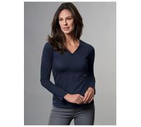 T-Shirt TRIGEMA "TRIGEMA Langarmshirt mit V-Ausschnitt", Damen, Gr. L, blau (navy), Feinstrick, 95% Baumwolle, 5% Elastan, V-Ausschnitt, Shirts T-Shirt (32649709-L) navy
