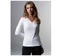 T-Shirt TRIGEMA "TRIGEMA Langarmshirt mit V-Ausschnitt", Damen, Gr. L, weiß, Feinstrick, 95% Baumwolle, 5% Elasthan, V-Ausschnitt, Shirts T-Shirt (74803314-L) weiß