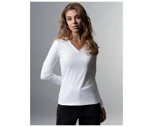 T-Shirt TRIGEMA "TRIGEMA Langarmshirt mit V-Ausschnitt", Damen, Gr. L, weiß, Feinstrick, 95% Baumwolle, 5% Elasthan, V-Ausschnitt, Shirts T-Shirt (74803314-L) weiß