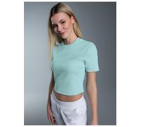 T-Shirt TRIGEMA "TRIGEMA Modisches Crop-Top", Damen, Gr. S, blau (gletscher), 90% Baumwolle, 10% Elastan, feminin, Kurzarm, Shirts (92739236-S) gletscher