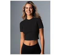 T-Shirt TRIGEMA "TRIGEMA Modisches Crop-Top", Damen, Gr. XS, schwarz, 90% Baumwolle, 10% Elasthan, Shirts T-Shirt (48197522-XS) schwarz