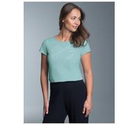 T-Shirt TRIGEMA "TRIGEMA Slim Fit T-Shirt mit glitzerndem Herz-Printmotiv", Damen, Gr. M, blau (gletscher), 100% Baumwolle, Basic, Shirts T-Shirt (41939448-M) gletscher