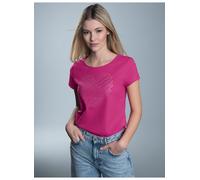 T-Shirt TRIGEMA "TRIGEMA Slim Fit T-Shirt mit glitzerndem Herz-Printmotiv", Damen, Gr. XL, rosa (hibiskus), 100% Baumwolle, Basic, Shirts T-Shirt (92151165-XL)