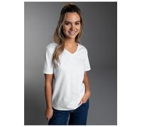 T-Shirt TRIGEMA "TRIGEMA T Shirt aus Biobaumwolle mit V-Ausschnitt", Damen, Gr. M, weiß, Single Jersey, 100% Baumwolle (Bio-Baumwolle kbA), Basic, lang, V-Ausschnitt, Shirts T-Shirt (68246006-M) weiß