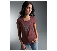 T-Shirt TRIGEMA "TRIGEMA T-Shirt Glitzer-Hirsch", Damen, Gr. S, mahagoni, Single Jersey, 100% Baumwolle, lang, Rundhals, Shirts T-Shirt (74761405-S) mahagoni