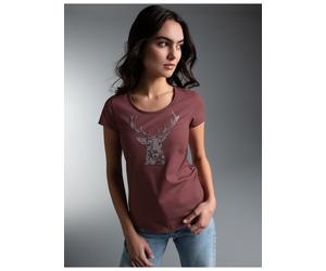 T-Shirt TRIGEMA "TRIGEMA T-Shirt Glitzer-Hirsch", Damen, Gr. XL, mahagoni, Single Jersey, 100% Baumwolle, lang, Rundhals, Shirts T-Shirt (74761405-XL) mahagoni