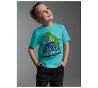 T-Shirt TRIGEMA "TRIGEMA T Shirt mit Dino Motiv "No Risk No Fun", Jungen, Gr. 116, mint, Single Jersey, 100% Baumwolle, Basic, Rundhals, Shirts T-Shirt (45612454-116) mint