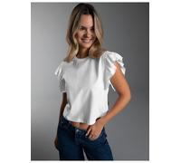 T-Shirt TRIGEMA "TRIGEMA Volant Shirt", Damen, Gr. XL, weiß, Single Jersey, 100% Baumwolle, Basic, Rundhals, Shirts T-Shirt (20524731-XL) weiß