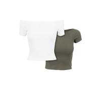 T-Shirt URBAN CLASSICS "Urban Classics Damen Ladies Off Shoulder Rib Tee 2-Pack", Damen, Gr. XL, weiß, olive, 97% Baumwolle, 3% Elasthan, unifarben, slim fit, Carmenausschnitt, Shirts T-Shirt (4023513