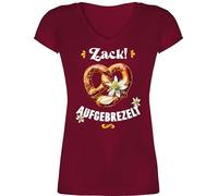 T-Shirt V Ausschnitt - Kompatibel Oktoberfest - Zack aufgebrezelt Brezel mit Edelweiß I Trachtenshirt Volksfest Trachten Outift Damen Trachtenoutfit Herren - XXL - Bordeauxrot - t-Shirts
