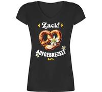 T-Shirt V Ausschnitt - Kompatibel Oktoberfest - Zack aufgebrezelt Brezel mit Edelweiß I Trachtenshirt Volksfest Trachten Outift Damen Trachtenoutfit Herren - S - Schwarz - t-Shirts Trachten-Tshirt