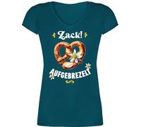 T-Shirt V Ausschnitt - Kompatibel Oktoberfest - Zack aufgebrezelt Brezel mit Edelweiß I Trachtenshirt Volksfest Trachten Outift Damen Trachtenoutfit Herren - M - Türkis - t-Shirts Trachten-Tshirt