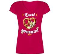 T-Shirt V Ausschnitt - Kompatibel Oktoberfest - Zack aufgebrezelt Brezel mit Edelweiß I Trachtenshirt Volksfest Trachten Outift Damen Trachtenoutfit Herren - XXL - Fuchsia - t-Shirts