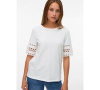 T-Shirt VERO MODA "VMIVACY 2/4 O-NECK TOP JRS BTQ", Damen, Gr. L, snow weiß detail:snow weiß lace, Jersey, Obermaterial: 100% Baumwolle, unifarben, normal normal, Rundhals, Shirts T-Shirt, mit Lochsti