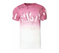 Herren T-Shirt mit Seitlicher Knopfleiste Verwaschen mit Farbverlauf Rundhals Stretch Herren-T-Shirt Casual Fit 288, Farbe:Rosa, Größe S-XXL:XL