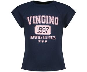T-Shirt VINGINO, Mädchen, Gr. 164, dunkelblau, Single Jersey, Obermaterial: 100% Baumwolle, bedruckt, normal hüftbedeckend, Rundhals, Shirts T-Shirt, mit Logo-Print, für Girls (24184122-164) dunkelbla
