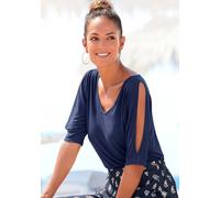 T-Shirt VIVANCE, Damen, Gr. 44/46, blau (marine), Jersey, Obermaterial: 95% Viskose, 5% Elasthan, unifarben, figurumspielend hüftlang, V-Ausschnitt, Ärmel mit Ärmelschlitz abgesteppte Kante, Shirts T-