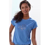 T-Shirt VIVANCE "mit goldenfarben schimmerndem Folienprint", Damen, Gr. 44/46, blau (blau bedruckt), Jersey, Obermaterial: 100% Baumwolle, bedruckt, metallic, bequem normal, Rundhals, mit Aufschlag Au