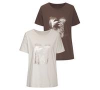 T-Shirt VIVANCE "mit goldfarben schimmerndem Folienprint", Damen, Gr. 44/46, beige (taupe, beige), Jersey, Obermaterial: 100% Baumwolle, bedruckt, metallic, modisch, bequem normal, Rundhals, Kurzarm, 