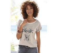 T-Shirt VIVANCE "mit modischem Frontdruck", Damen, Gr. 36/38, beige, Single Jersey, Obermaterial: 100% Baumwolle, animal-print, unifarben, Basic, gerade normal, Rundhals, angeschnitten Umschlagsaum, S