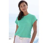 T-Shirt VIVANCE "aus bügelfreiem Strukturstrick", Damen, Gr. 32/34, blau (türkis, weiß), Strick, Obermaterial: 65% Polyester (REPREVE), 35% Baumwolle, Strukturmuster, unifarben, Basic, bequem, Rundhal