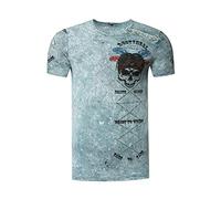 T-Shirt Washed Oil Vintage Knopfleiste Herren Rundhals Verwaschen Skull Head Regular Designer 262