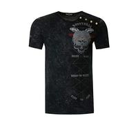 T-Shirt Washed Oil Vintage Knopfleiste Herren Rundhals Verwaschen Skull Head Regular Designer 262