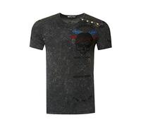 T-Shirt Washed Oil Vintage Knopfleiste Herren Rundhals Verwaschen Skull Head Regular Designer 262