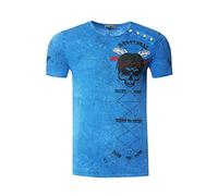 T-Shirt Washed Oil Vintage Knopfleiste Herren Rundhals Verwaschen Skull Head Regular Designer 262, Größe:L, Farbe:Blau