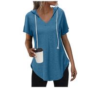 T-Shirt Weiß Damen, Damen Oberteile Sommer Elegant, T-Shirts V Ausschnitt Kurzärmeliges Sommershirt Bedrucken mit Kapuze Tee Tops Baggy Lässige Sommerbluse Atmungsaktiv Bequeme Sporttop Versatile
