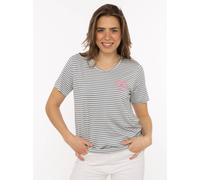 T-Shirt ZWILLINGSHERZ "Heimatgefühl", Damen, Gr. M, jeansblau, Web, Obermaterial: 95% Viskose, 5% Elasthan, bestickt, gestreift, bequem hüftbedeckend, V-Ausschnitt, gerader Abschluss, Shirts T-Shirt,