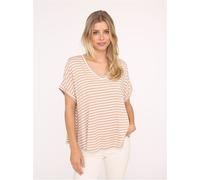 T-Shirt ZWILLINGSHERZ ""Maritime Streifen"", Damen, beige, Obermaterial: 97% Viskose, 3% Elasthan, gestreift, loose fit hüftlang, V-Ausschnitt, Shirts T-Shirt, One Size, Kurzarm, V-Ausschnitt, gestrei