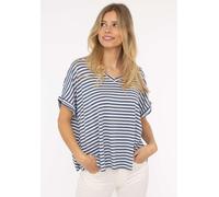 T-Shirt ZWILLINGSHERZ ""Maritime Streifen"", Damen, blau (jeans), Obermaterial: 97% Viskose, 3% Elasthan, gestreift, loose fit hüftlang, V-Ausschnitt, Shirts T-Shirt, One Size, Kurzarm, V-Ausschnitt,