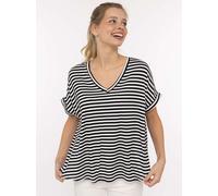 T-Shirt ZWILLINGSHERZ "Maritime Streifen", Damen, schwarz-weiß (schwarz), Obermaterial: 97% Viskose, 3% Elasthan, loose fit hüftlang, V-Ausschnitt, Shirts T-Shirt, One Size, Kurzarm, V-Ausschnitt, ges