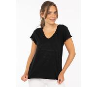 T-Shirt ZWILLINGSHERZ ""Positive Mind"", Damen, Gr. L/XL (L/XL), schwarz, Stoff, Obermaterial: 100% Baumwolle, hüftbedeckend, V-Ausschnitt, Shirts T-Shirt, V-Ausschnitt, Kurzarm, Used-Look, Baumwolle,