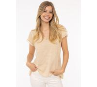 T-Shirt ZWILLINGSHERZ "Positive Mind", Damen, Gr. XXL/XXXL, beige (mittelbeige), Stoff, Obermaterial: 100% Baumwolle, hüftbedeckend, V-Ausschnitt, Shirts T-Shirt, V-Ausschnitt, Kurzarm, Used-Look, Bau